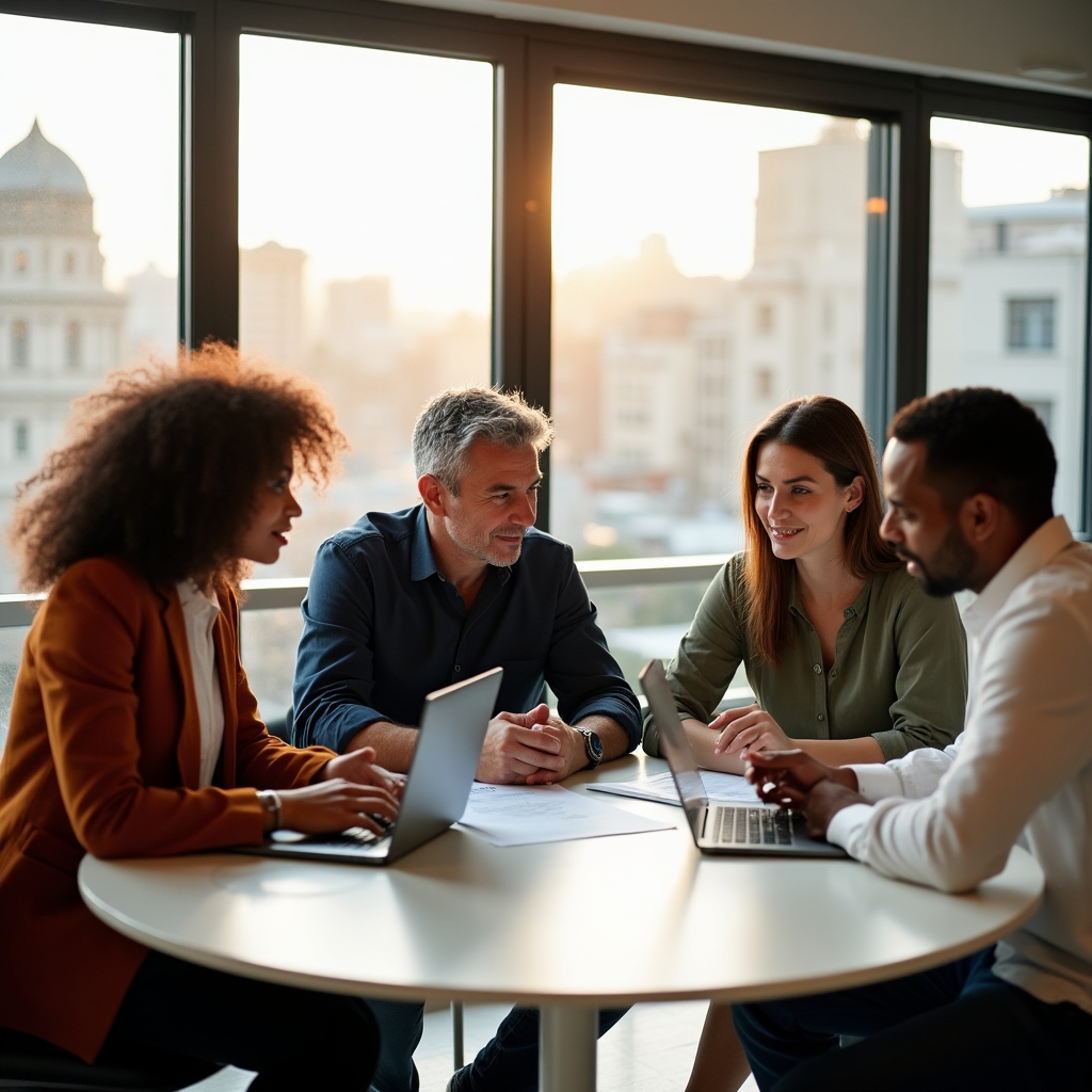 Group of diverse Argentine entrepreneurs collaborating around a table in Buenos Aires