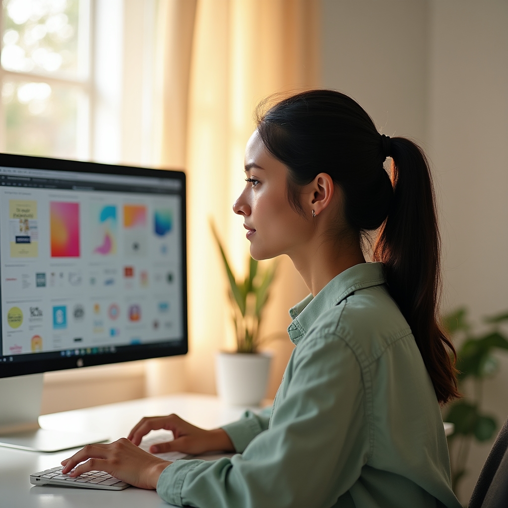 Graphic designer working on branding projects at a modern desk