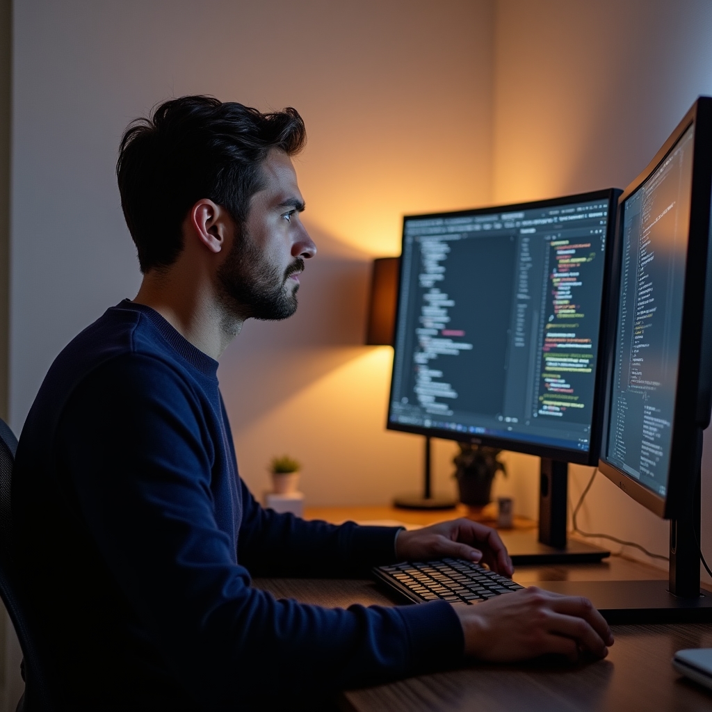 Web developer reviewing code and portfolio on dual monitors