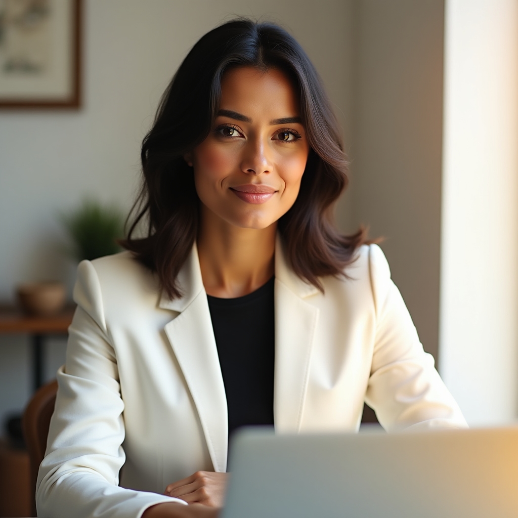Confident female entrepreneur reviewing her professional profile on a laptop